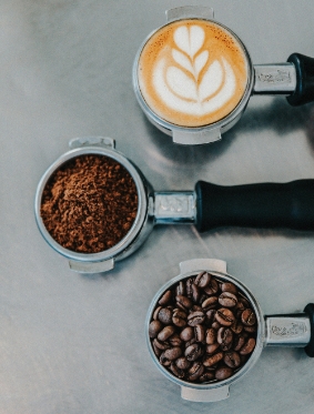 Overhead view of coffee and beans